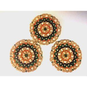 Wood Beads Trivet Hot Plate Bamboo Floral Geometric  7.5"  Set of 3
